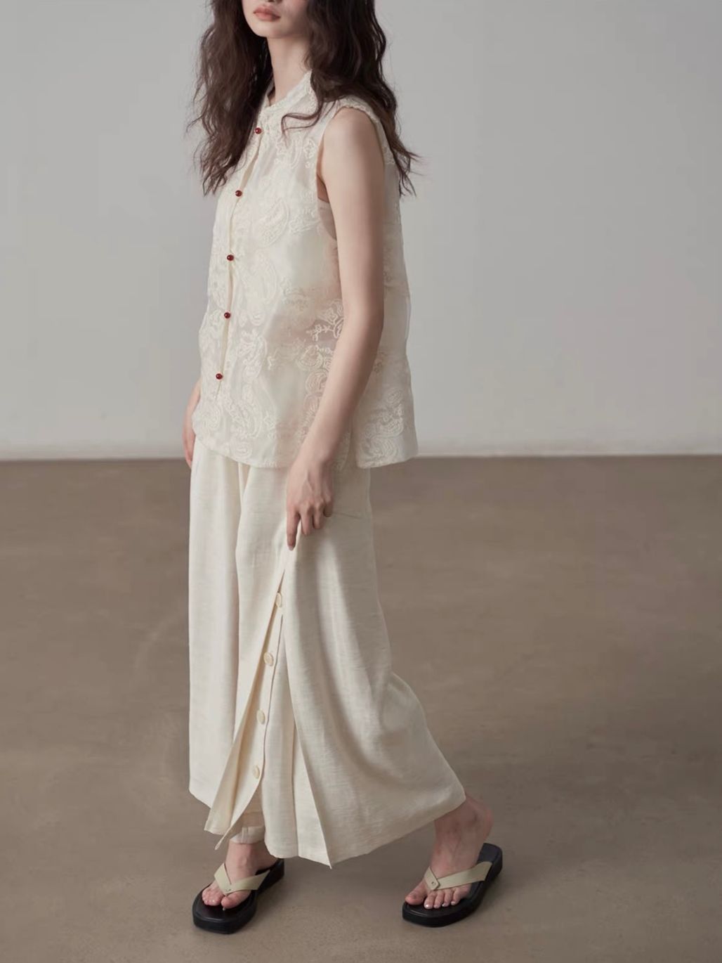 Yan Ai Sheer Embroidered Mandarin-Collar Vest &  Culottes (Sold Seperately)