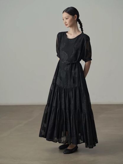 Yan Ban Floral Tie-Waist Tiered Maxi Dress