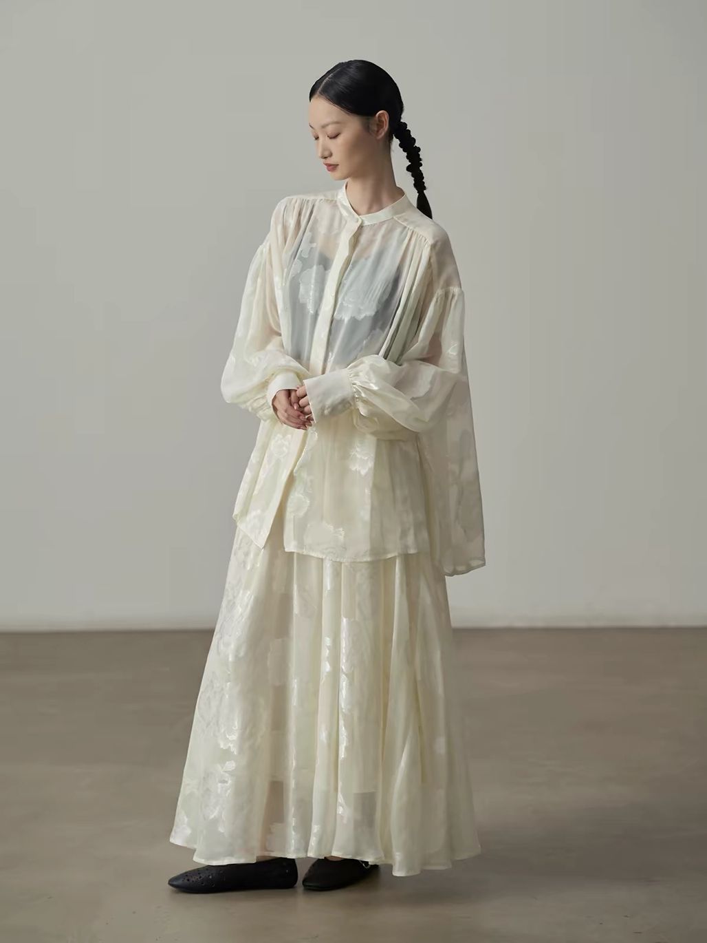 Yan An Sheer Floral-Jacquard Mandarin Blouse & Maxi Skirt (Sold Seperately)