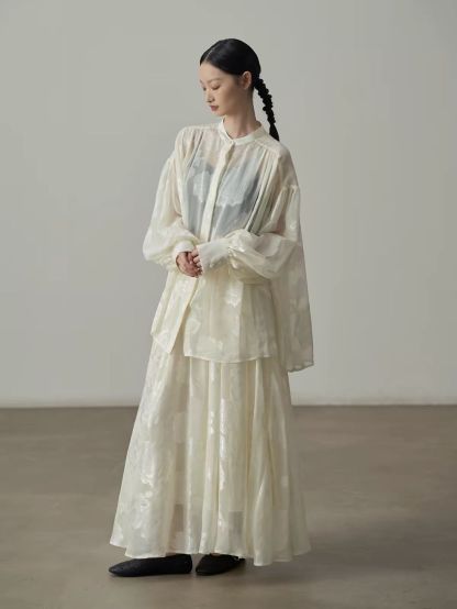 Yan An Sheer Floral-Jacquard Mandarin Blouse & Maxi Skirt (Sold Seperately)