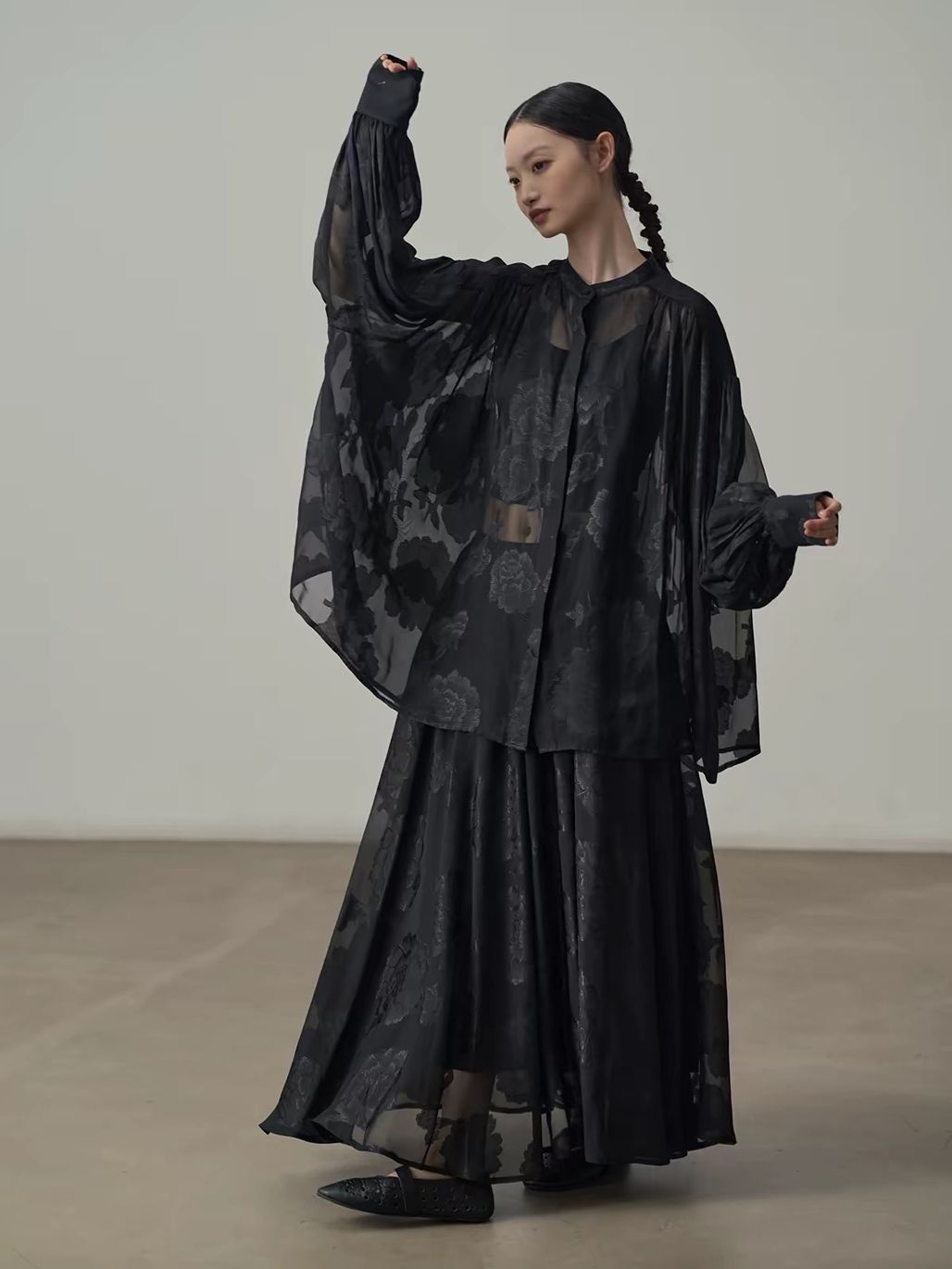 Yan An Sheer Floral-Jacquard Mandarin Blouse & Maxi Skirt (Sold Seperately)