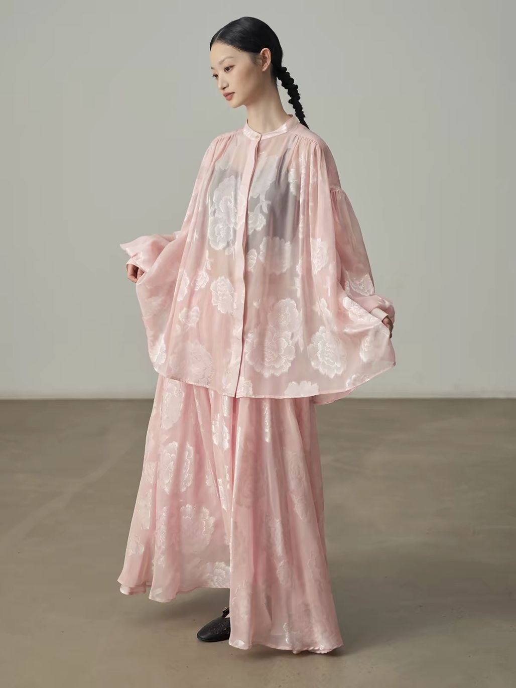 Yan An Sheer Floral-Jacquard Mandarin Blouse & Maxi Skirt (Sold Seperately)