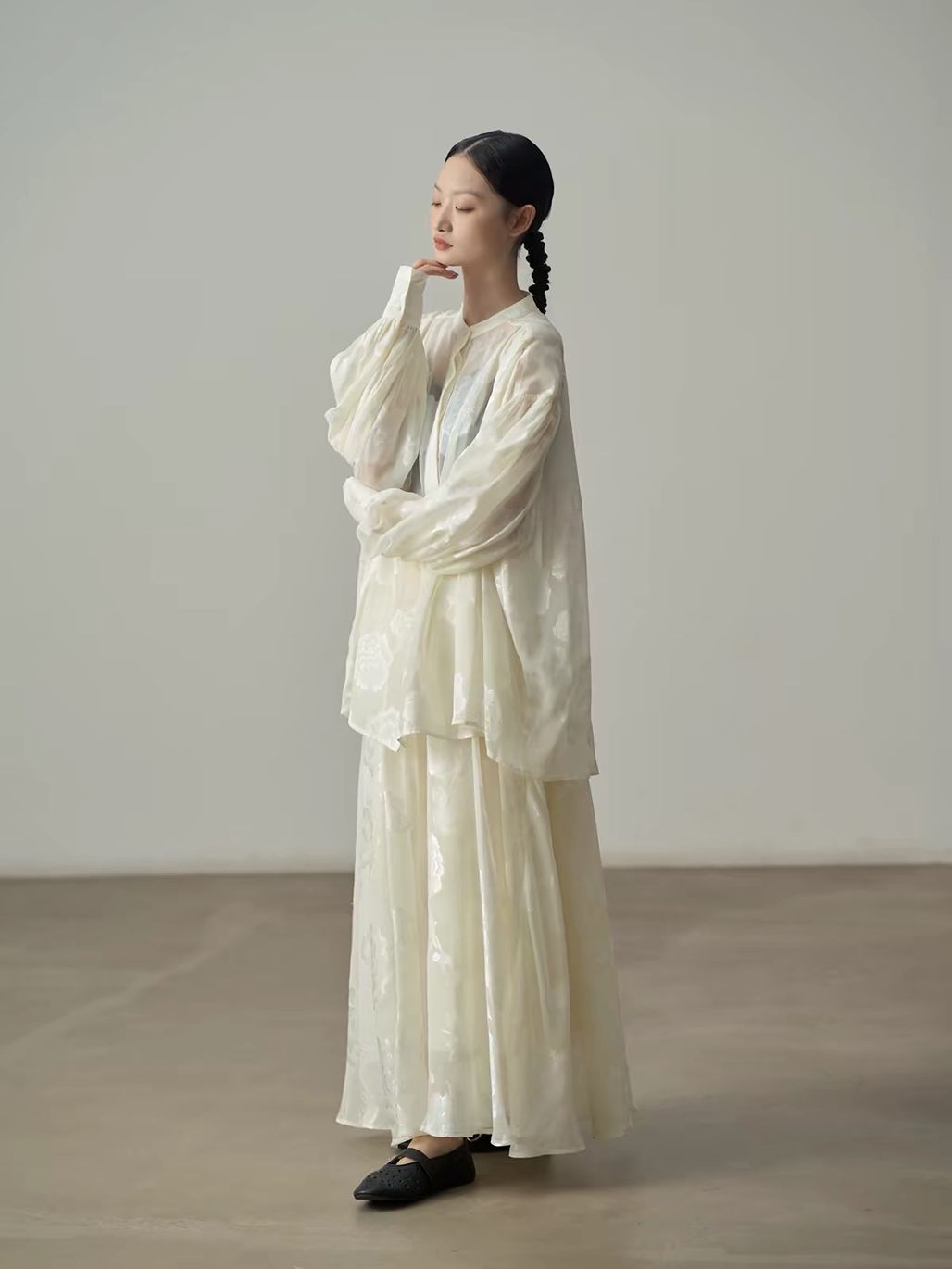 Yan An Sheer Floral-Jacquard Mandarin Blouse & Maxi Skirt (Sold Seperately)