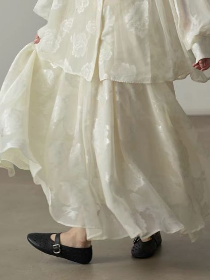 Yan An Sheer Floral-Jacquard Mandarin Blouse & Maxi Skirt (Sold Seperately)