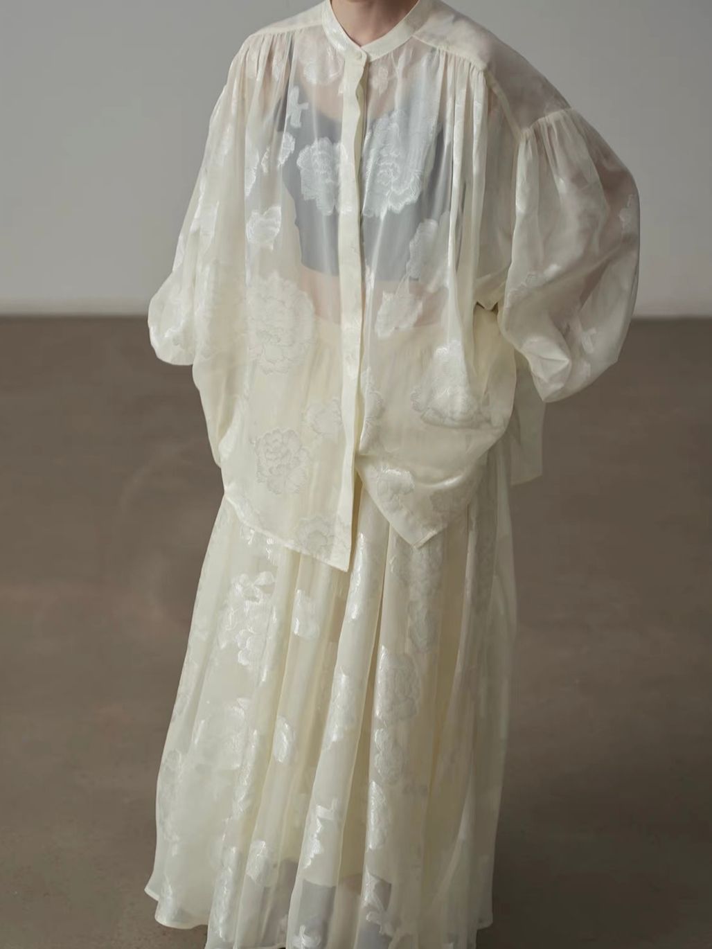Yan An Sheer Floral-Jacquard Mandarin Blouse & Maxi Skirt (Sold Seperately)