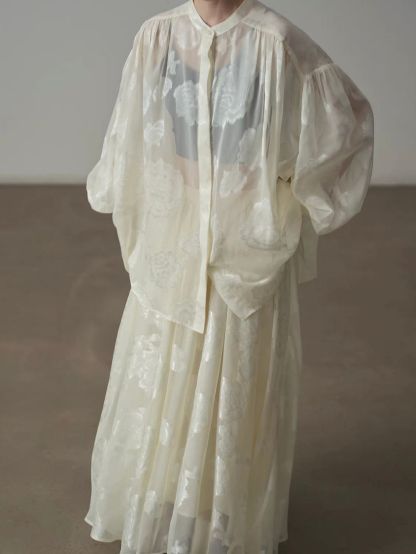 Yan An Sheer Floral-Jacquard Mandarin Blouse & Maxi Skirt (Sold Seperately)