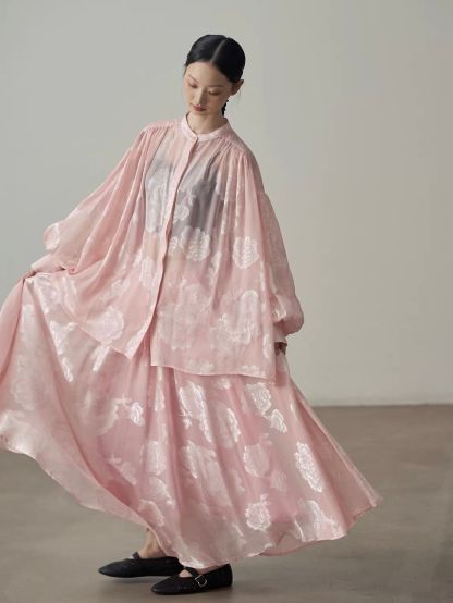 Yan An Sheer Floral-Jacquard Mandarin Blouse & Maxi Skirt (Sold Seperately)