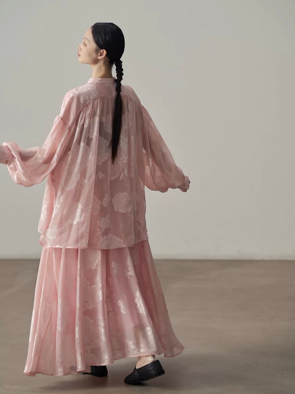 Yan An Sheer Floral-Jacquard Mandarin Blouse & Maxi Skirt (Sold Seperately)