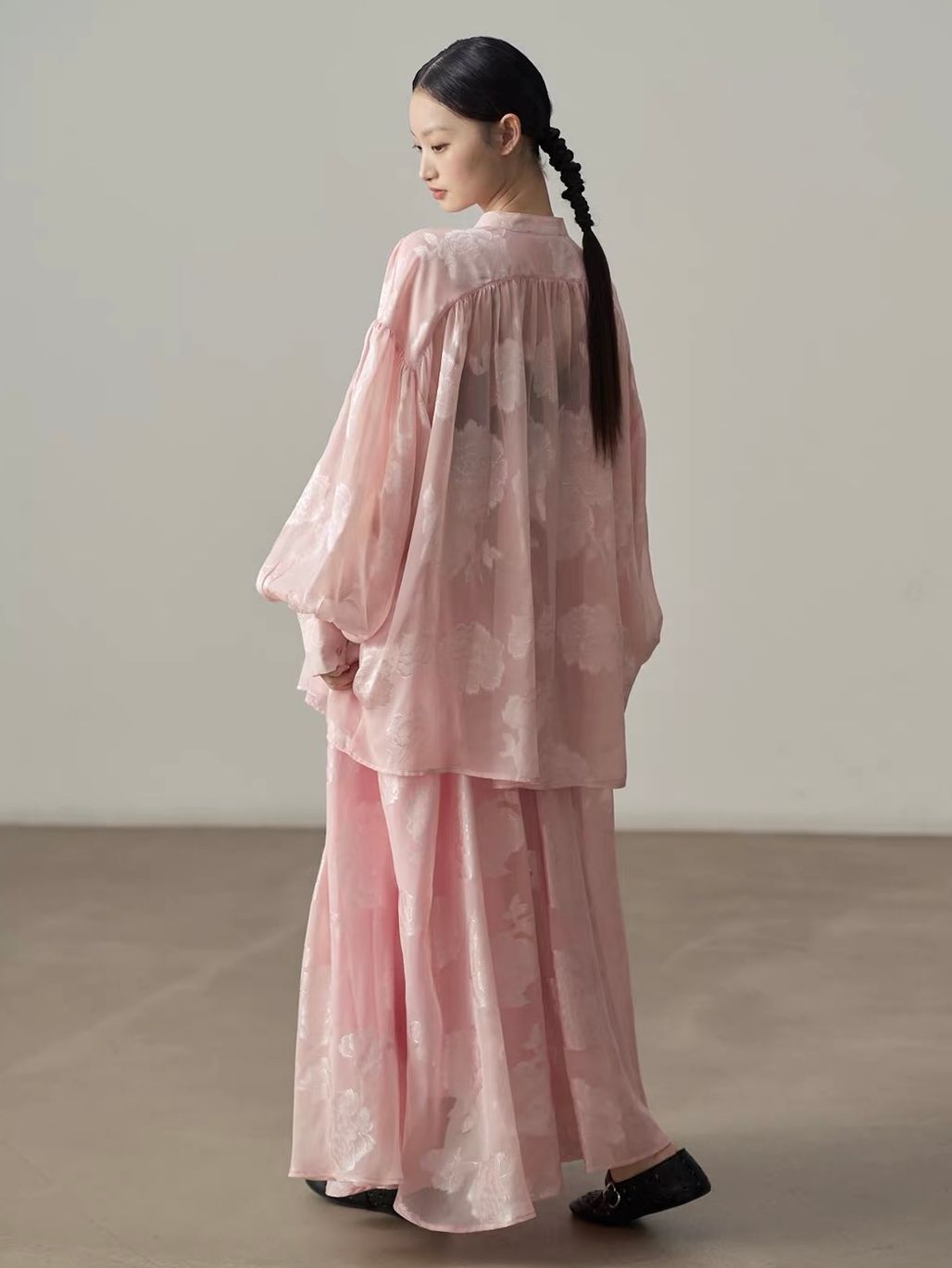Yan An Sheer Floral-Jacquard Mandarin Blouse & Maxi Skirt (Sold Seperately)
