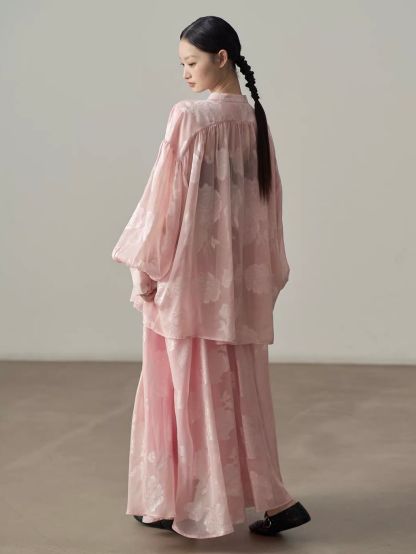 Yan An Sheer Floral-Jacquard Mandarin Blouse & Maxi Skirt (Sold Seperately)