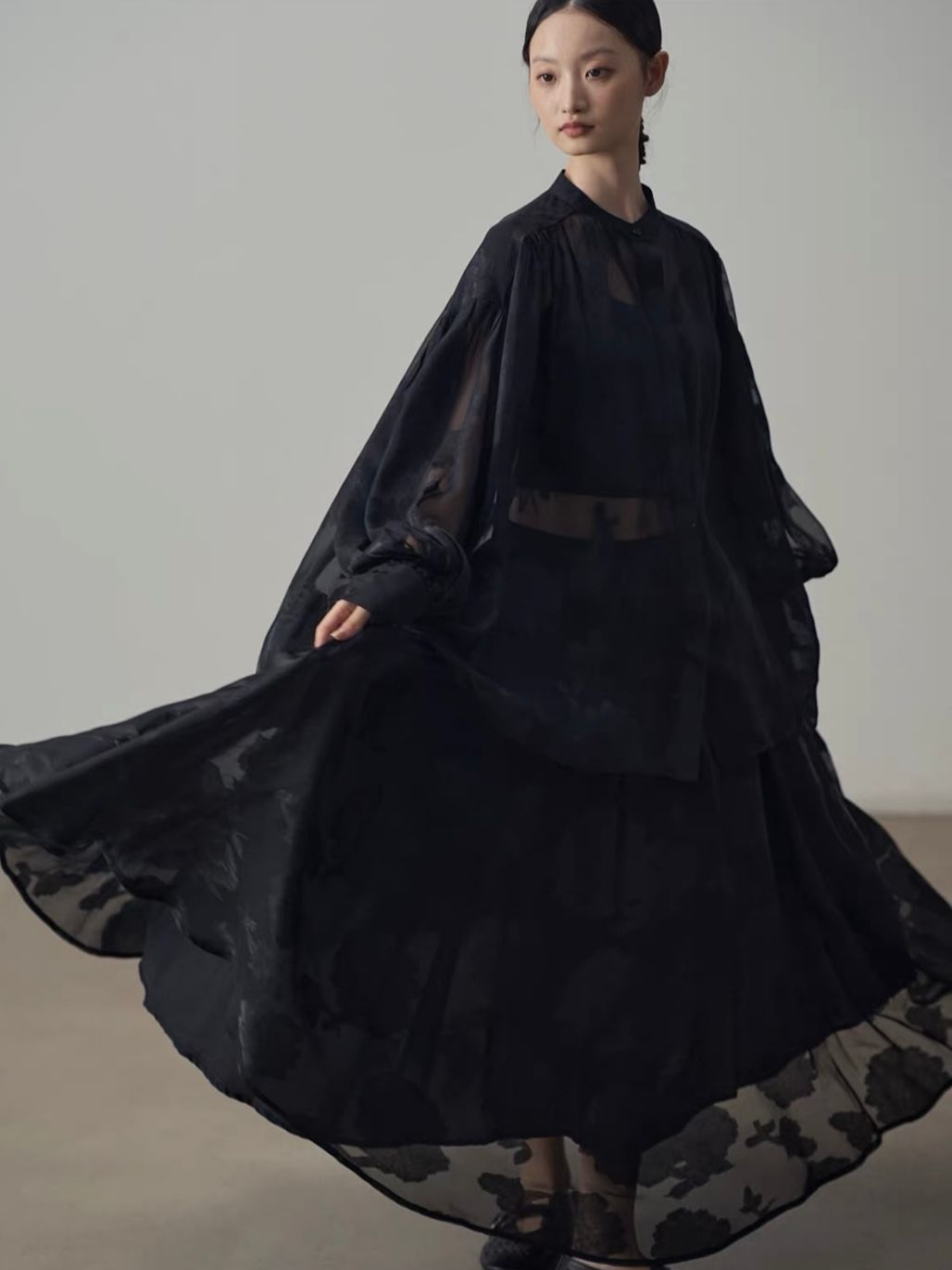 Yan An Sheer Floral-Jacquard Mandarin Blouse & Maxi Skirt (Sold Seperately)