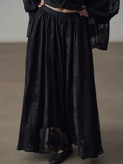 Yan An Sheer Floral-Jacquard Mandarin Blouse & Maxi Skirt (Sold Seperately)