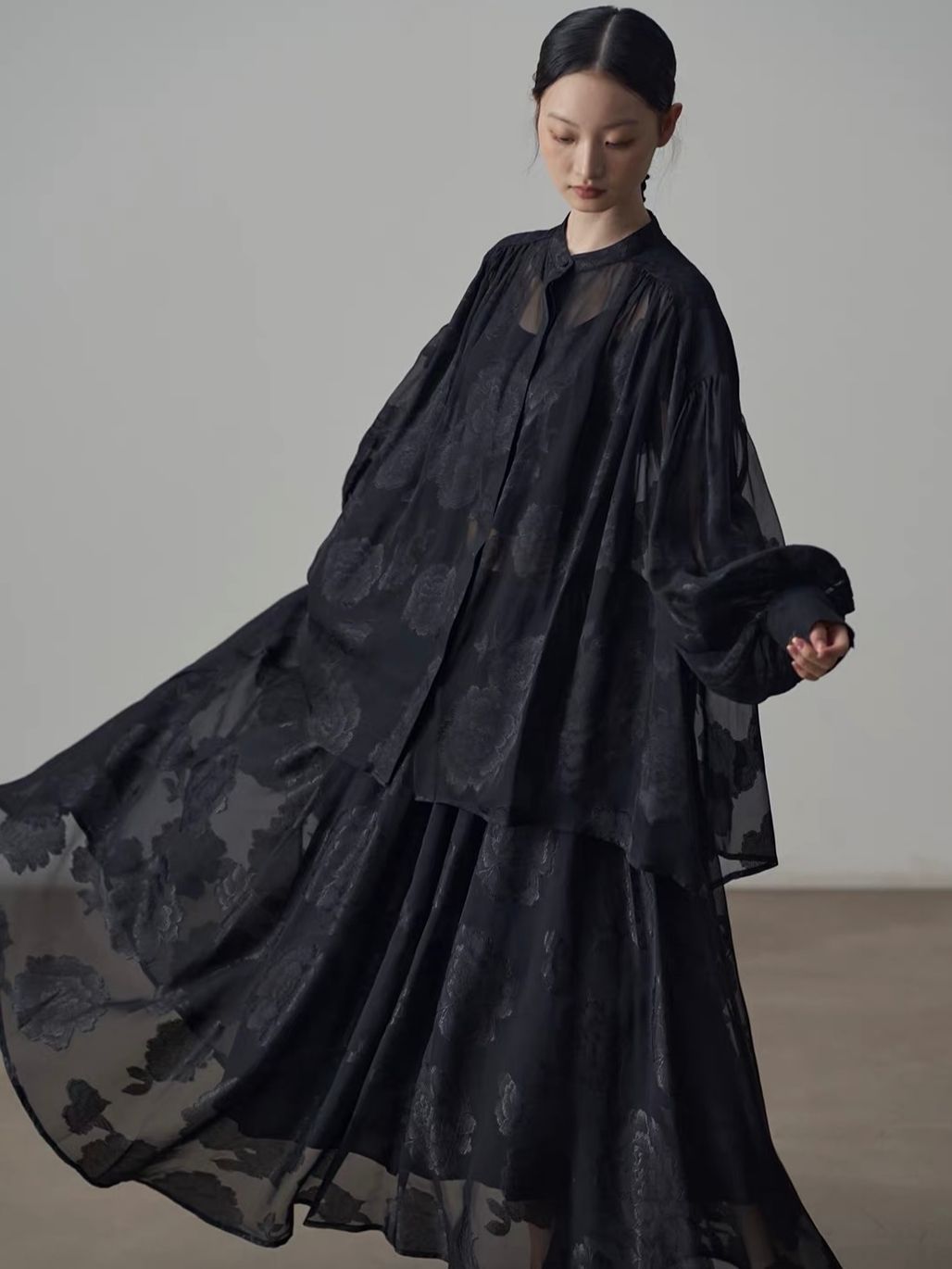 Yan An Sheer Floral-Jacquard Mandarin Blouse & Maxi Skirt (Sold Seperately)