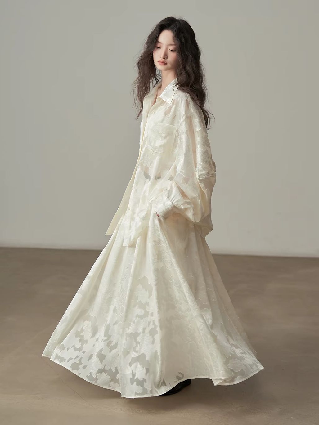 Yan Bi Floral-Jacquard Sheer Shirt & Skirt (Sold Seperately)