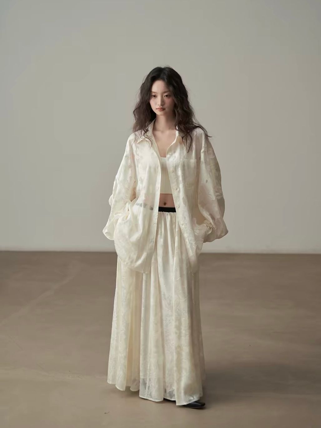 Yan Bi Floral-Jacquard Sheer Shirt & Skirt (Sold Seperately)