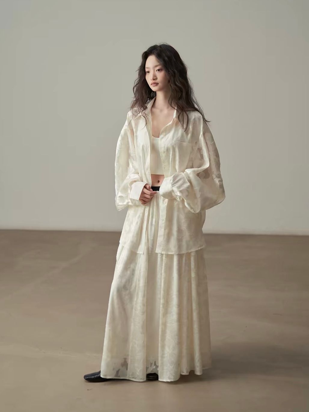 Yan Bi Floral-Jacquard Sheer Shirt & Skirt (Sold Seperately)