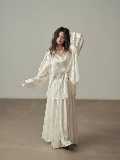 Yan Bi Floral-Jacquard Sheer Shirt & Skirt (Sold Seperately)