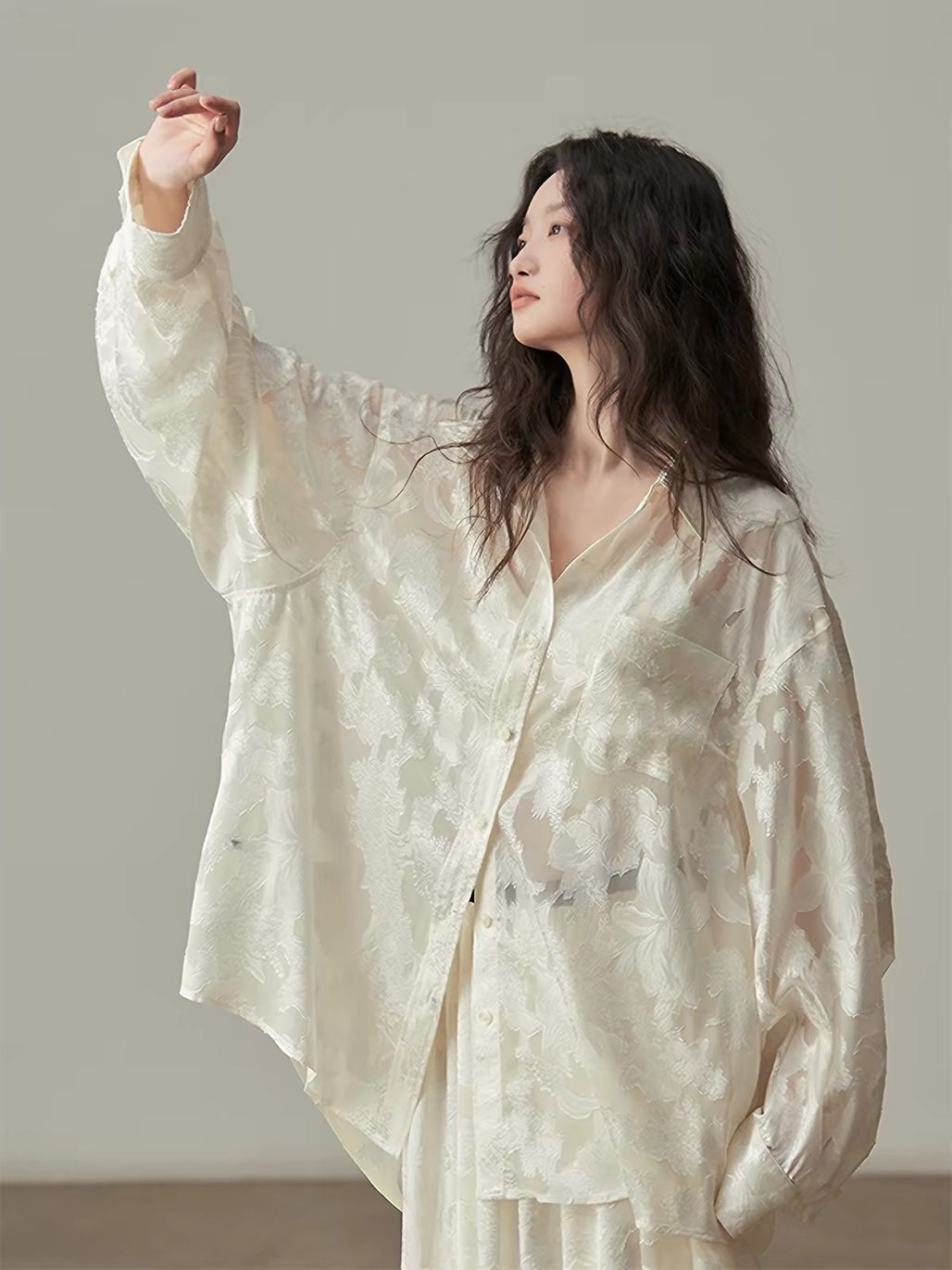 Yan Bi Floral-Jacquard Sheer Shirt & Skirt (Sold Seperately)