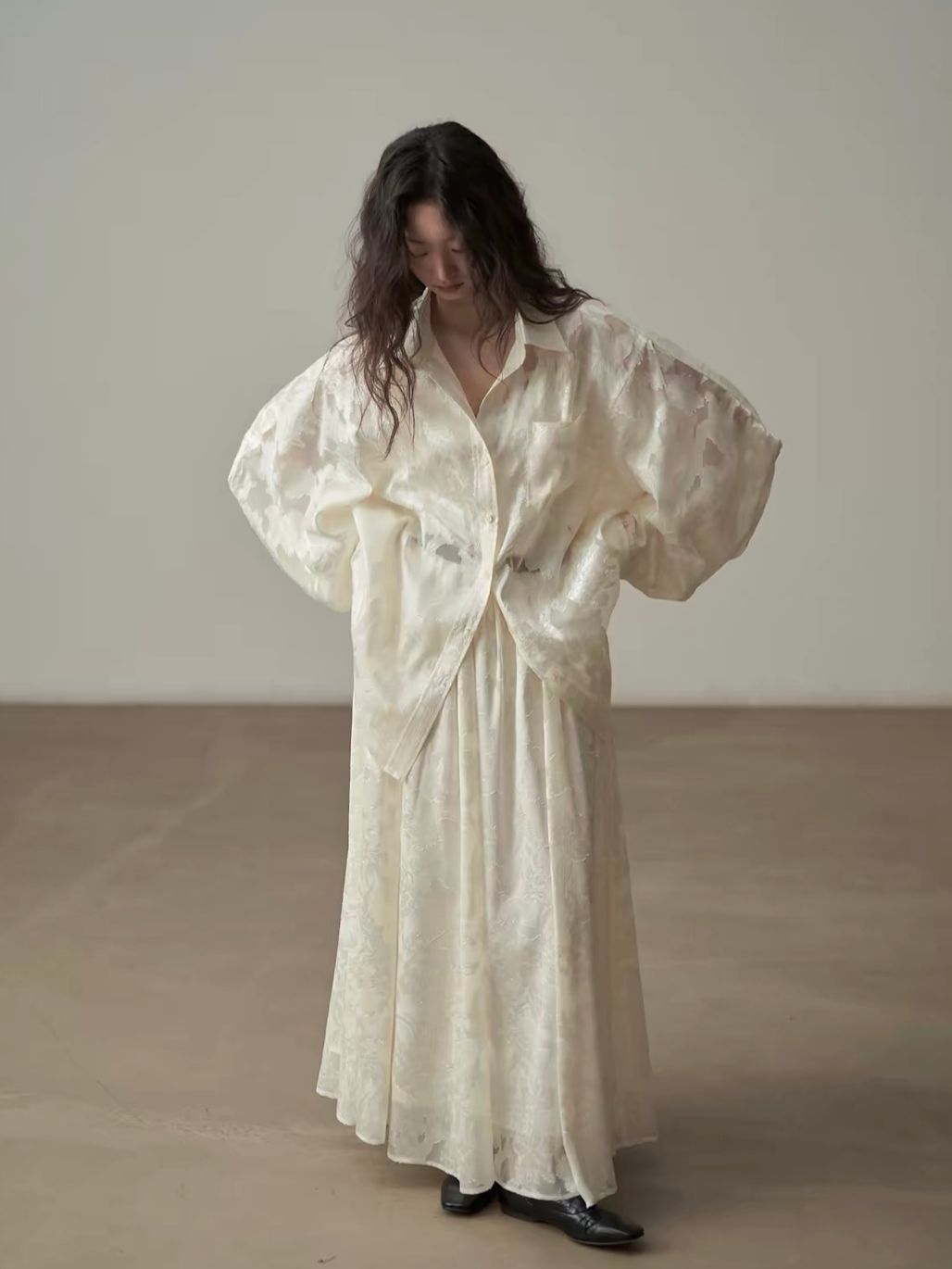 Yan Bi Floral-Jacquard Sheer Shirt & Skirt (Sold Seperately)