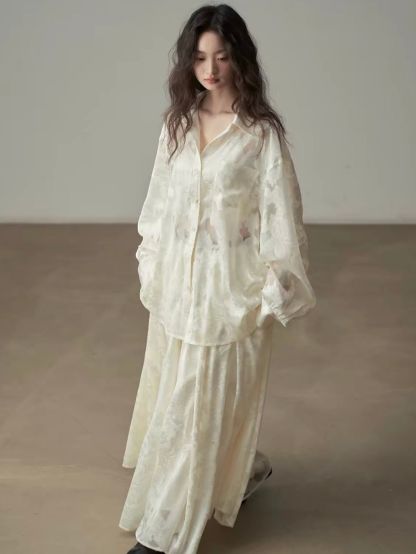 Yan Bi Floral-Jacquard Sheer Shirt & Skirt (Sold Seperately)