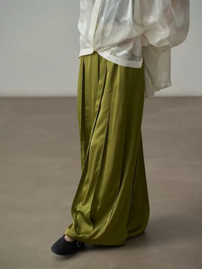 Yan Au Pleated Satin Wide-Leg Pants