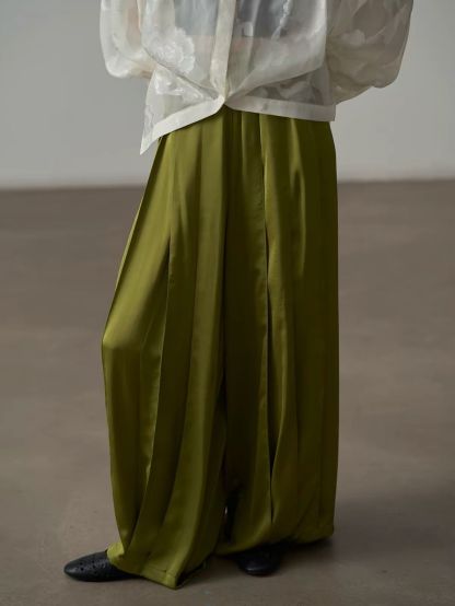 Yan Au Pleated Satin Wide-Leg Pants