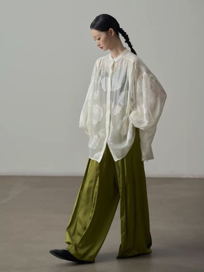 Yan Au Pleated Satin Wide-Leg Pants