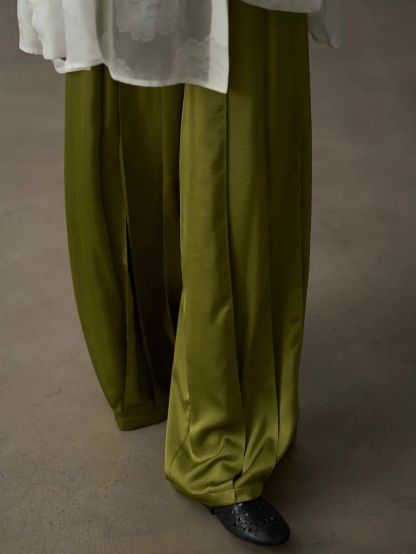 Yan Au Pleated Satin Wide-Leg Pants
