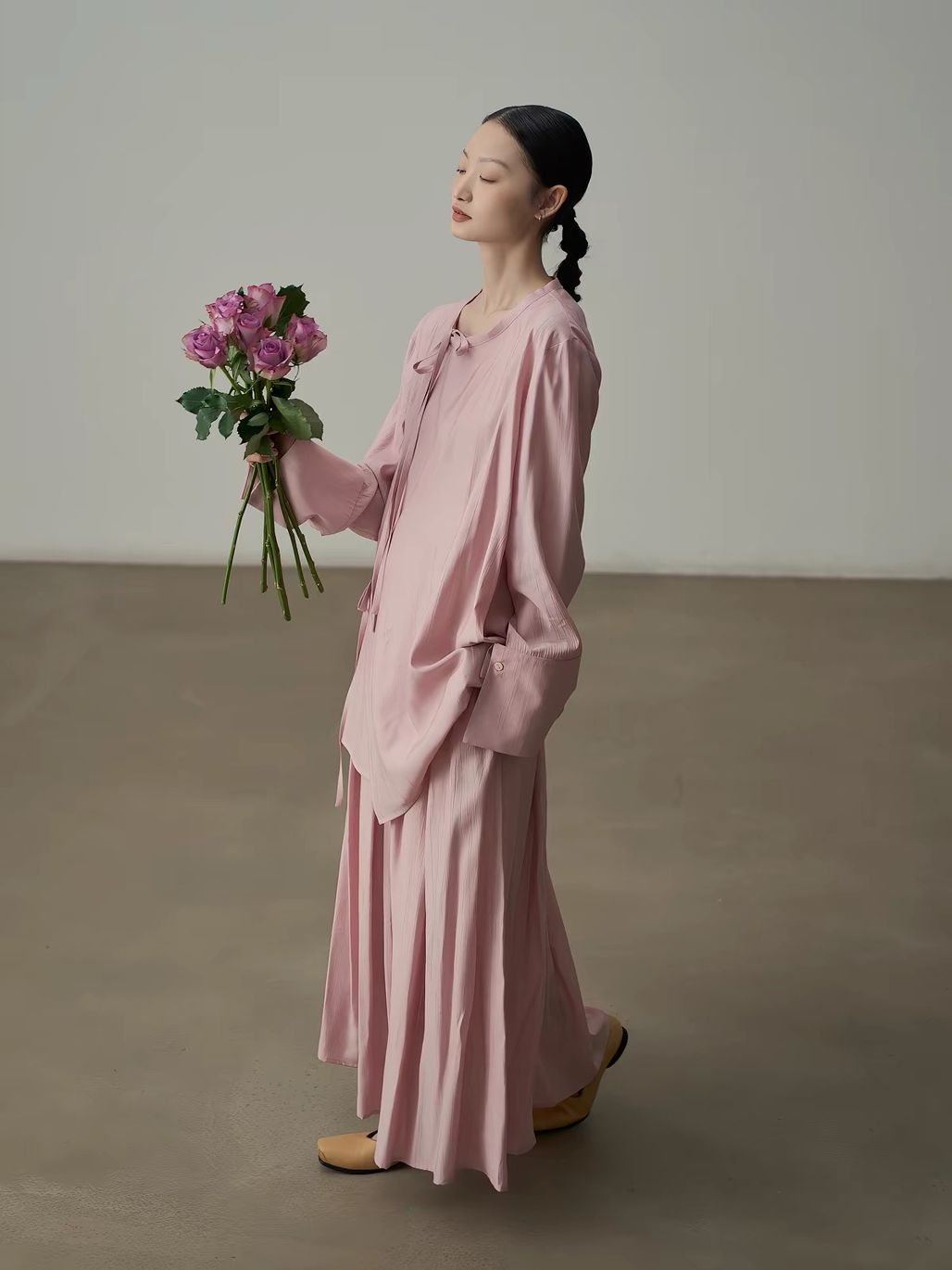 Yan Bo Textured Tie-Front Blouse & Flowy Maxi Skirt Set