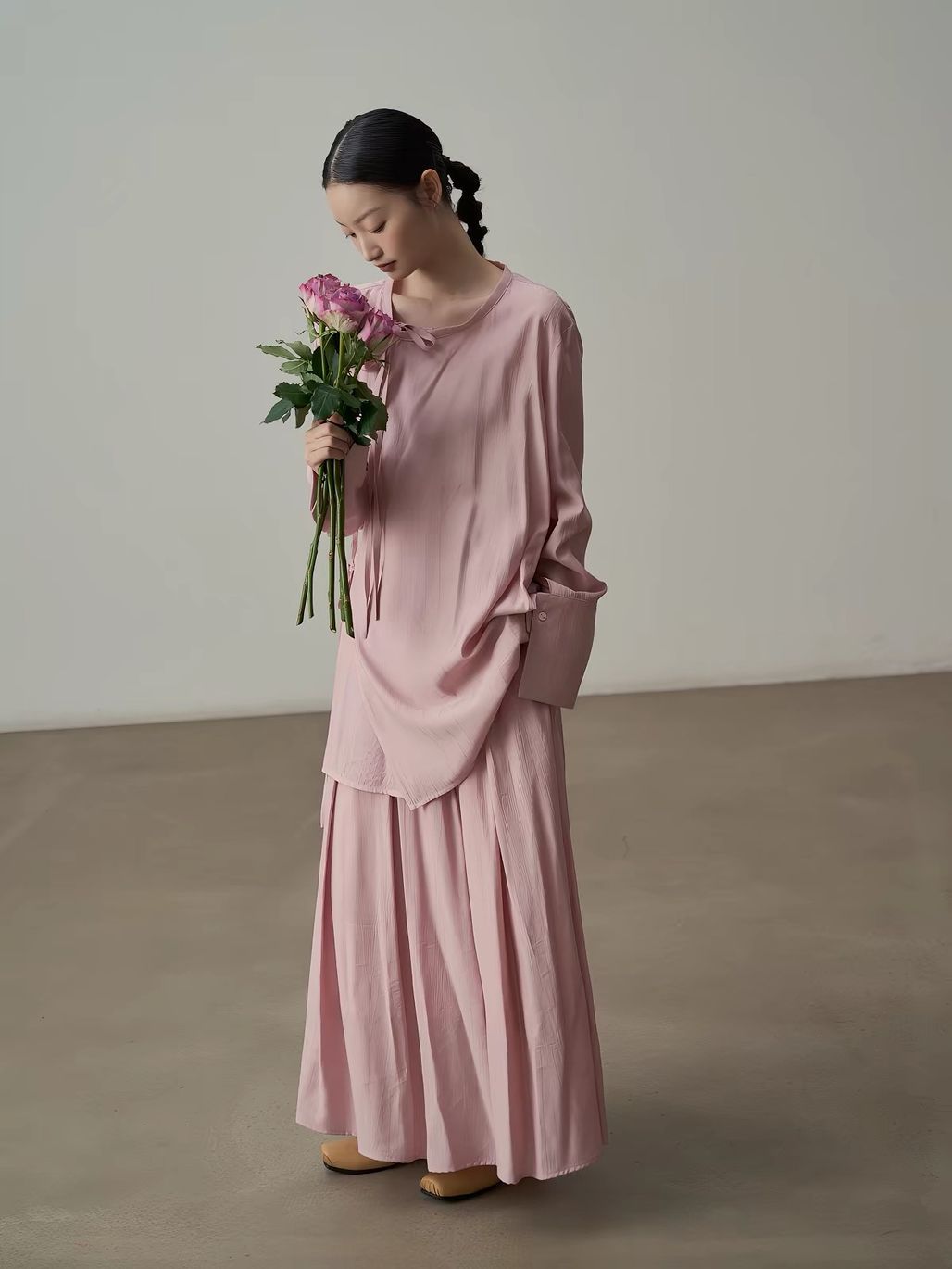 Yan Bo Textured Tie-Front Blouse & Flowy Maxi Skirt Set