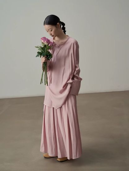 Yan Bo Textured Tie-Front Blouse & Flowy Maxi Skirt Set