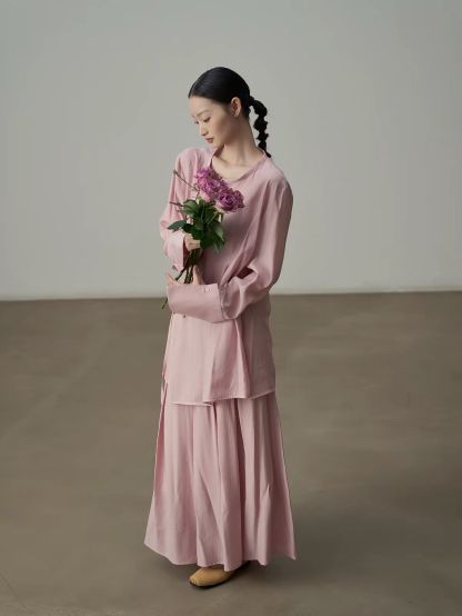 Yan Bo Textured Tie-Front Blouse & Flowy Maxi Skirt Set