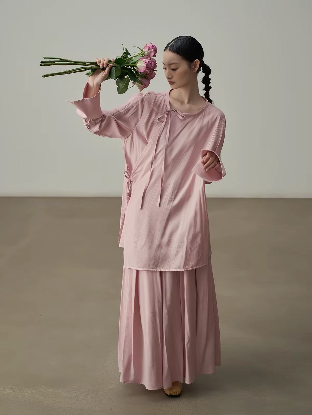 Yan Bo Textured Tie-Front Blouse & Flowy Maxi Skirt Set