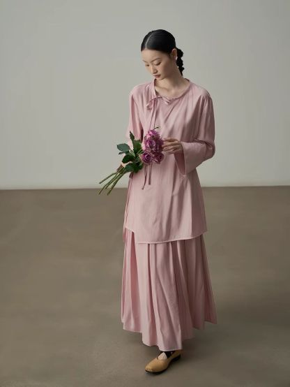 Yan Bo Textured Tie-Front Blouse & Flowy Maxi Skirt Set