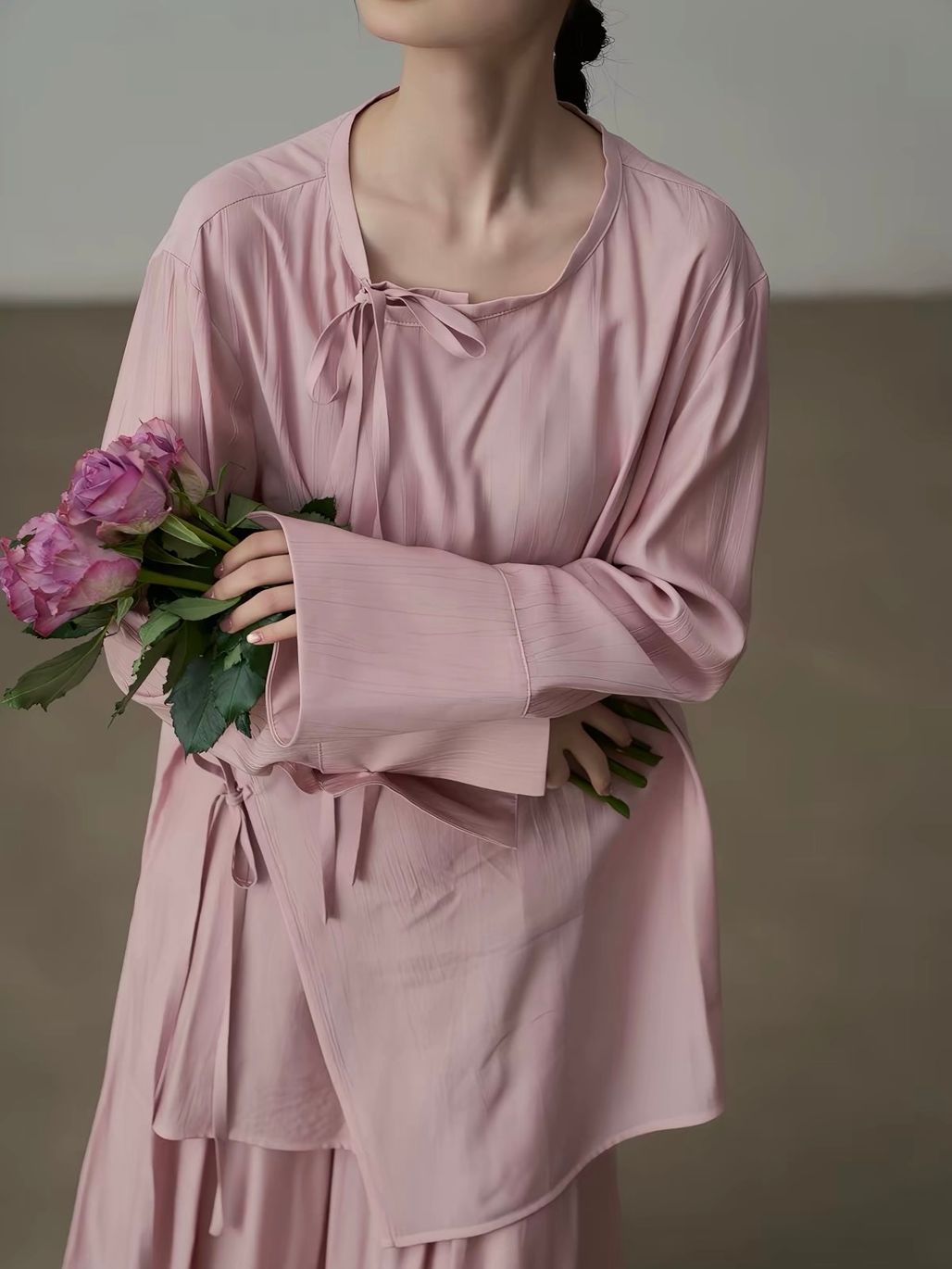 Yan Bo Textured Tie-Front Blouse & Flowy Maxi Skirt Set