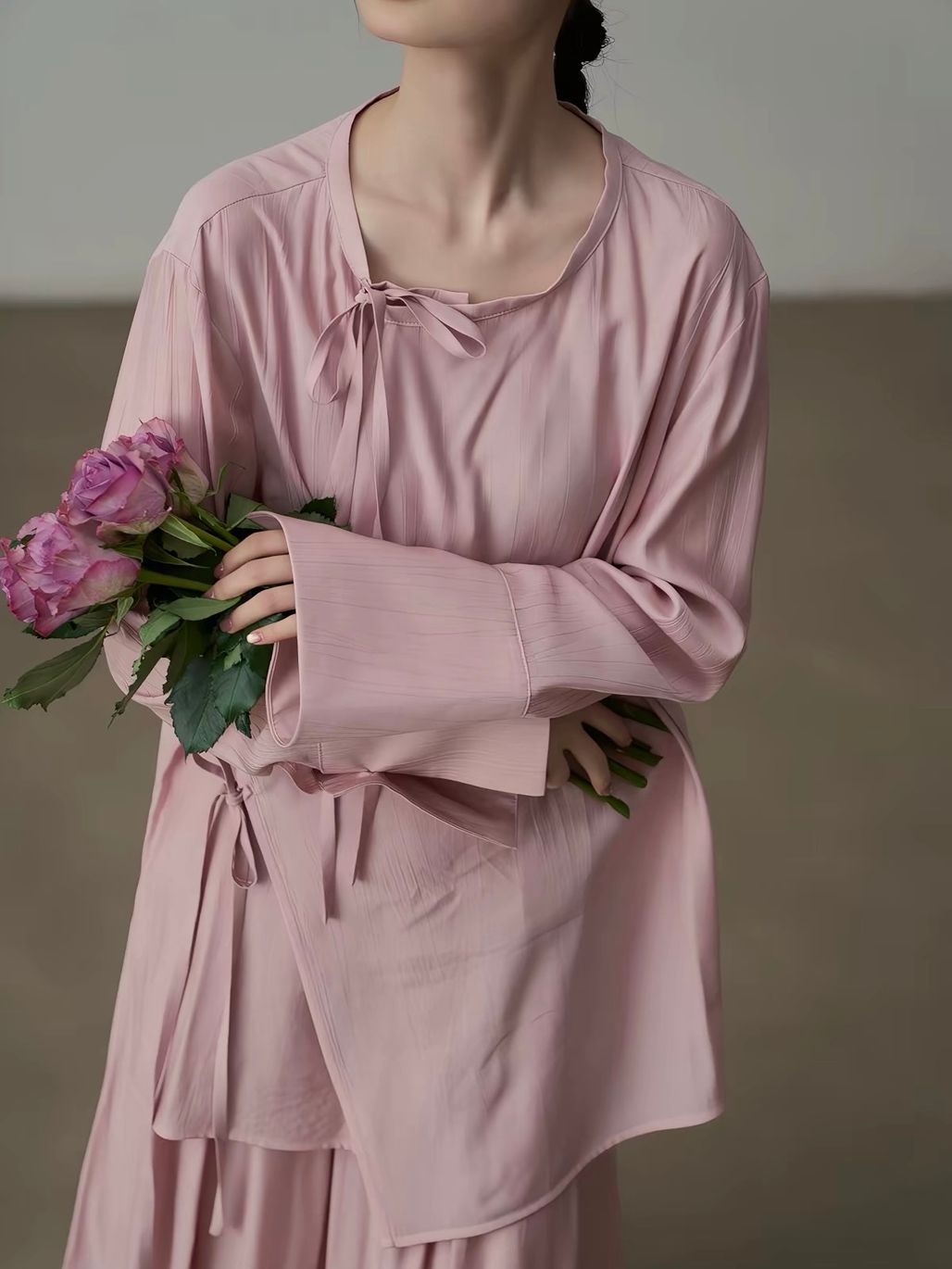Yan Bo Textured Tie-Front Blouse & Flowy Maxi Skirt Set