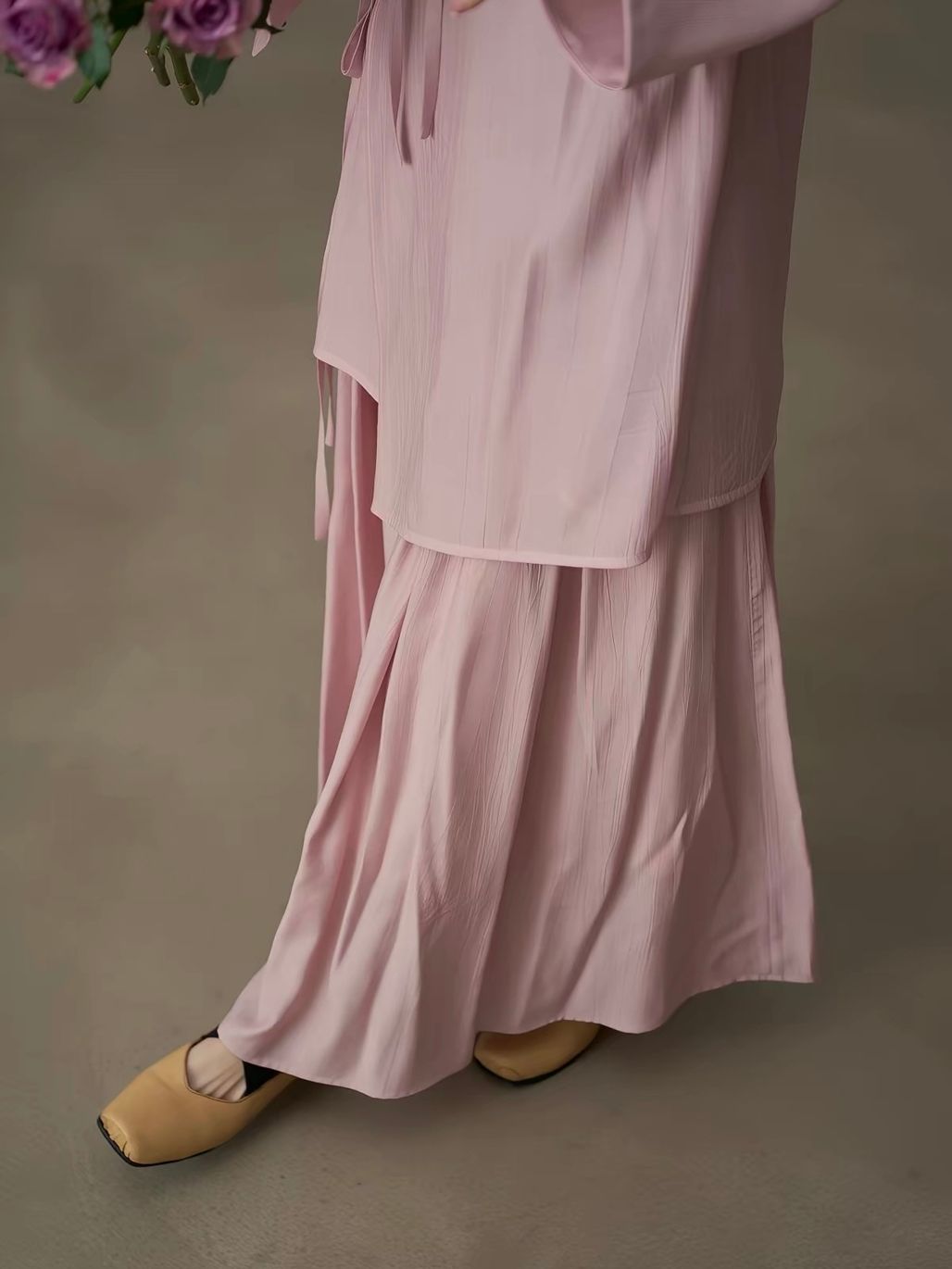 Yan Bo Textured Tie-Front Blouse & Flowy Maxi Skirt Set