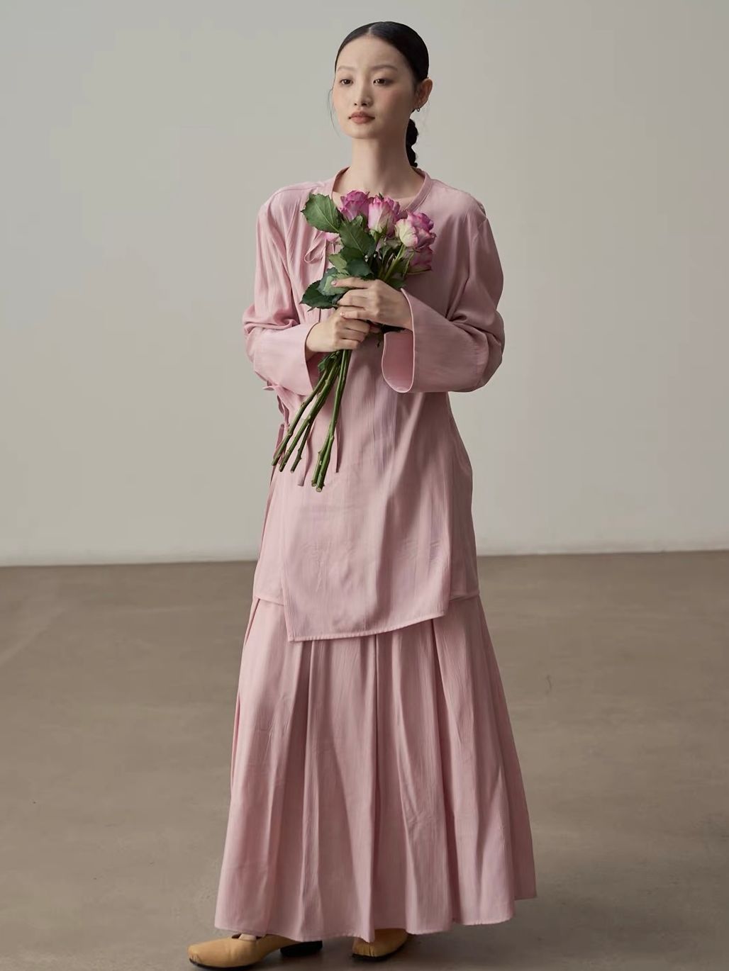 Yan Bo Textured Tie-Front Blouse & Flowy Maxi Skirt Set