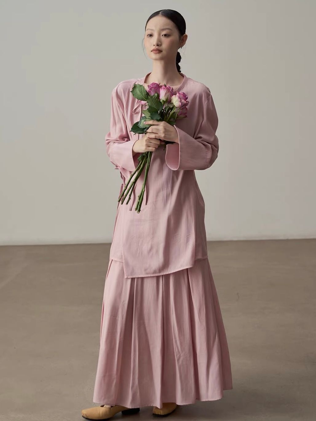 Yan Bo Textured Tie-Front Blouse & Flowy Maxi Skirt Set