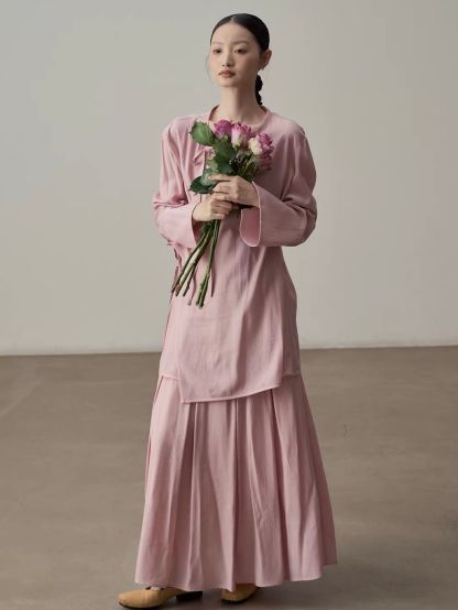 Yan Bo Textured Tie-Front Blouse & Flowy Maxi Skirt Set