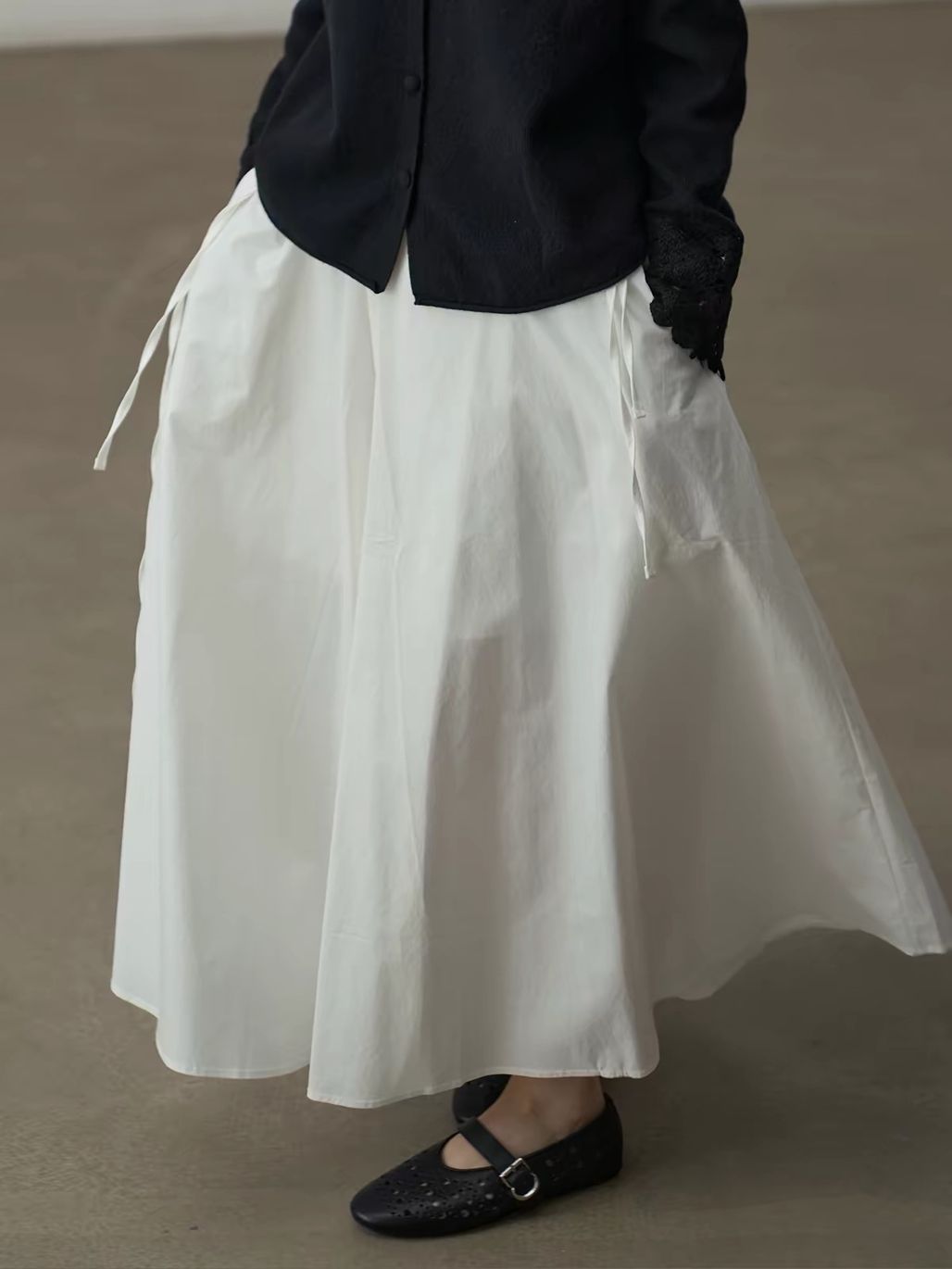 Yan Bing Adjustable Tie-Waist Cotton A-Line Maxi Skirt