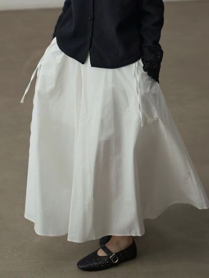 Yan Bing Adjustable Tie-Waist Cotton A-Line Maxi Skirt