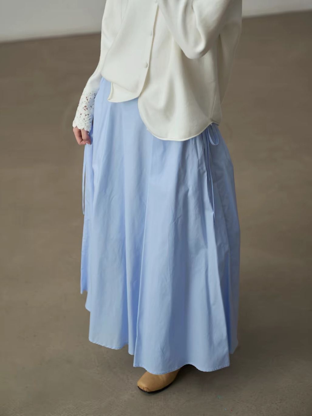 Yan Bing Adjustable Tie-Waist Cotton A-Line Maxi Skirt