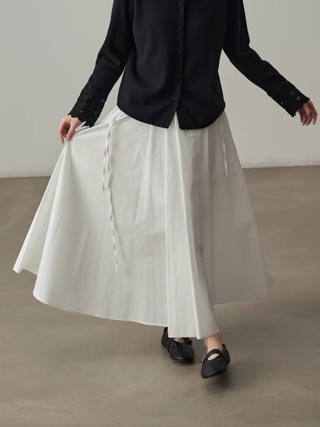Yan Bing Adjustable Tie-Waist Cotton A-Line Maxi Skirt