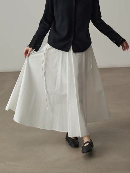 Yan Bing Adjustable Tie-Waist Cotton A-Line Maxi Skirt