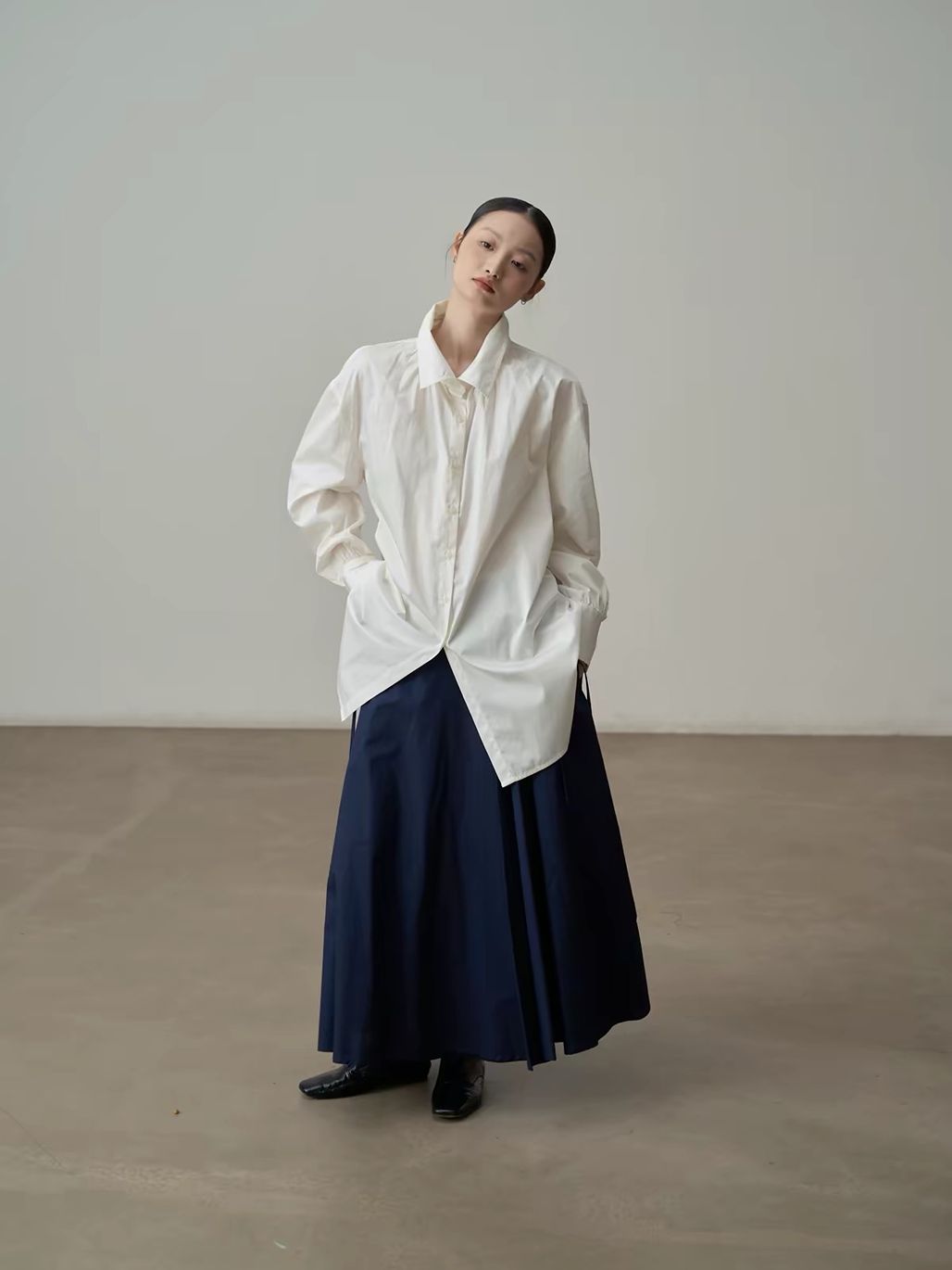 Yan Bing Adjustable Tie-Waist Cotton A-Line Maxi Skirt