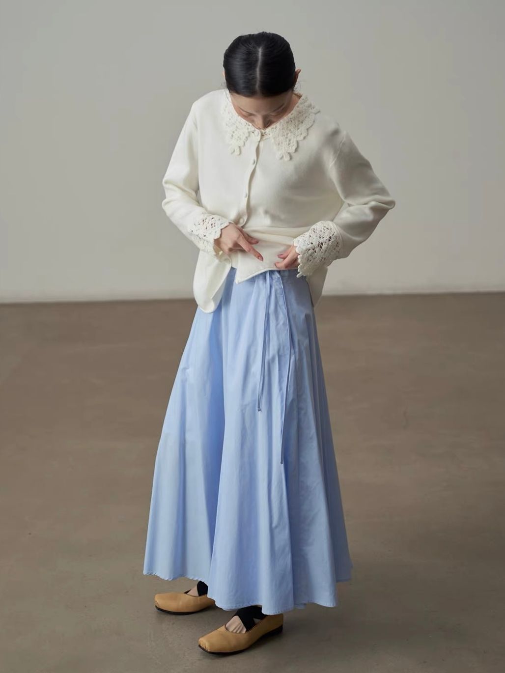 Yan Bing Adjustable Tie-Waist Cotton A-Line Maxi Skirt
