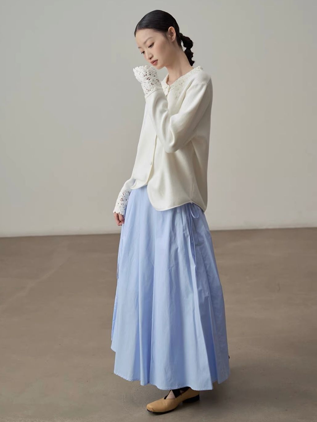 Yan Bing Adjustable Tie-Waist Cotton A-Line Maxi Skirt