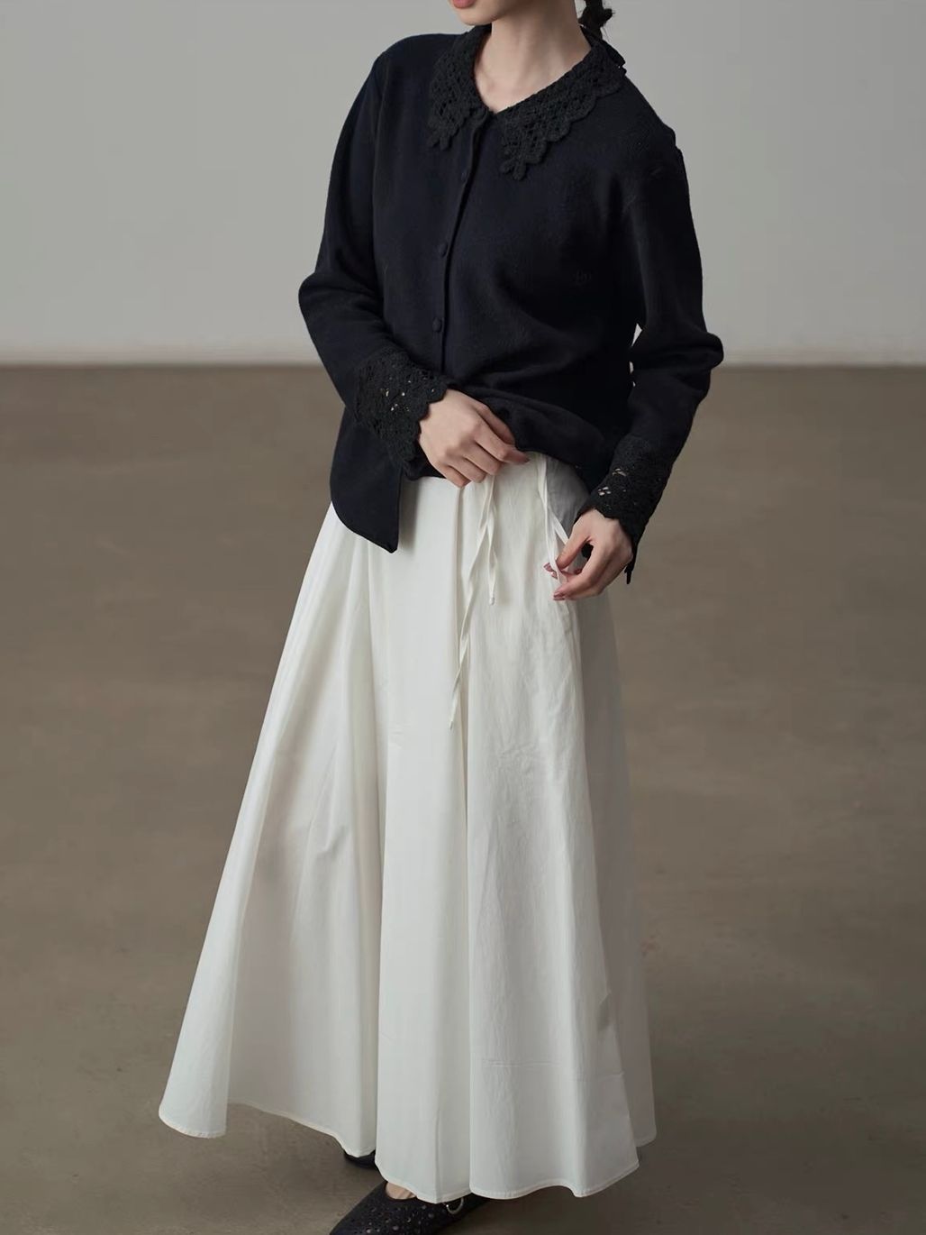 Yan Bing Adjustable Tie-Waist Cotton A-Line Maxi Skirt
