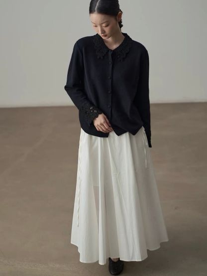 Yan Bing Adjustable Tie-Waist Cotton A-Line Maxi Skirt